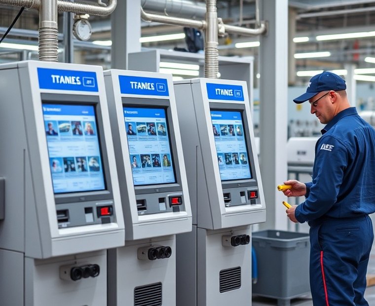 Técnico realizando el mantenimiento de un terminal de autoservicio