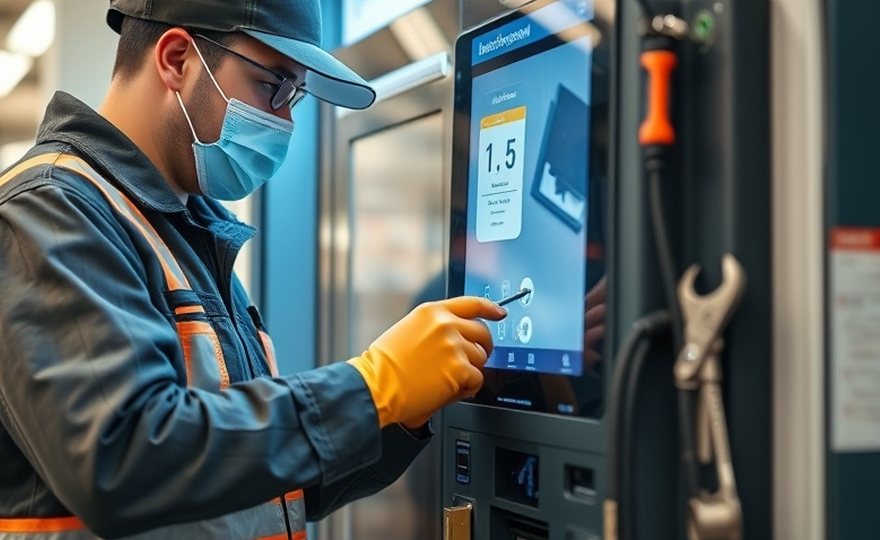 Técnico realizando el mantenimiento de un terminal de autoservicio