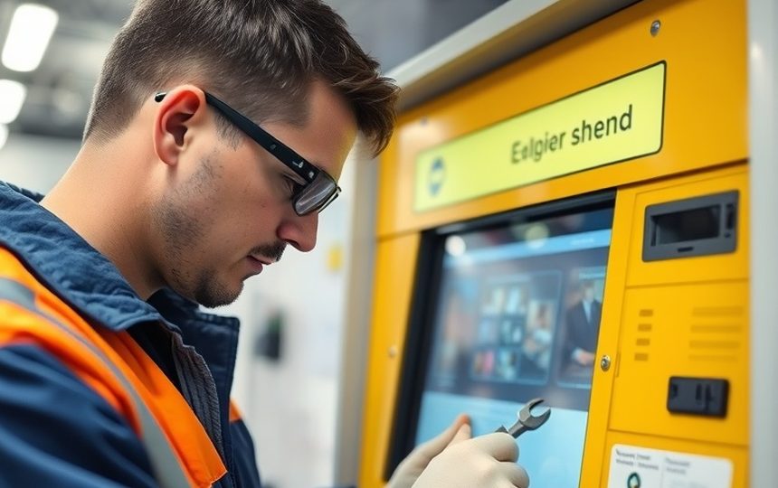 Equipo técnico trabajando sobre un terminal de autoservicio